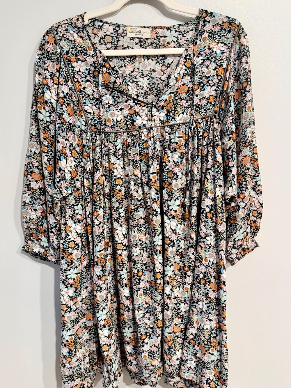 Natural Life Floral Boho Babydoll Dress Size S Long Sleeve